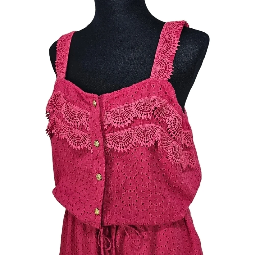NWT Sperry Cotton Button Down Eyelet & Lace Drawstring Waist Romper Pink Red L